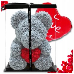 DUŻY MIŚ Z RÓŻ SZARO-CZERWONY WALENTYNKI PREZENT DZIEŃ MAMY BABCI 40CM XXL
