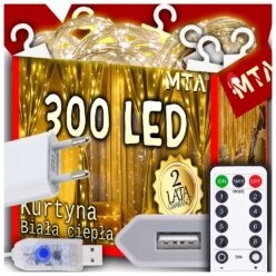 KURTYNA ŚWIETLNA 300LED LAMPKI CHOINKOWE GIRLANDA PILOT ZASILACZ CIEPŁY 3x3
