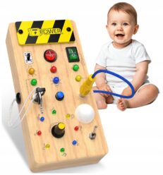 DREWNIANA TABLICA MANIPULACYJNA Montessori elektryka WŁĄCZNIK ŚWIATŁA LED