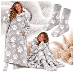 KOCOBLUZA OVERSIZE koc bluza 2w1 długa 165 cm wzór łapki szara i skarpetki