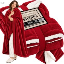 KOC POLAROWY GRUBY SHERPA MIŚ CZERWONY ŚWIĄTECZNY 150x200 Baranek Narzuta