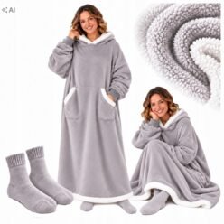 KOCOBLUZA DAMSKA długa koc bluza z kapturem 170 cm XXL szara i skarpetki